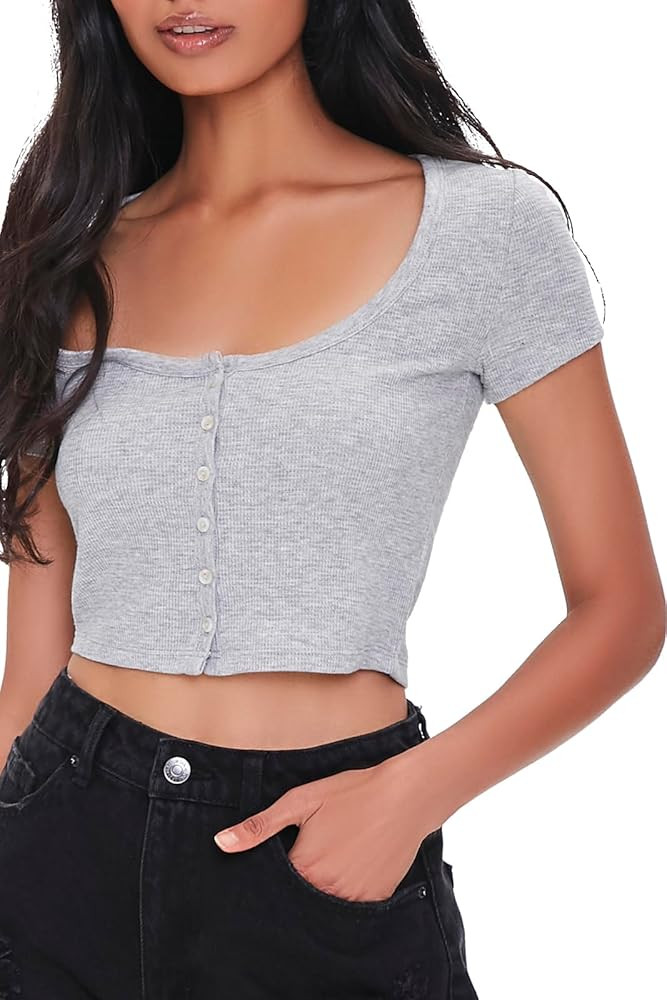 Forever 21 Women's Button-Front Crop Top | Amazon (US)