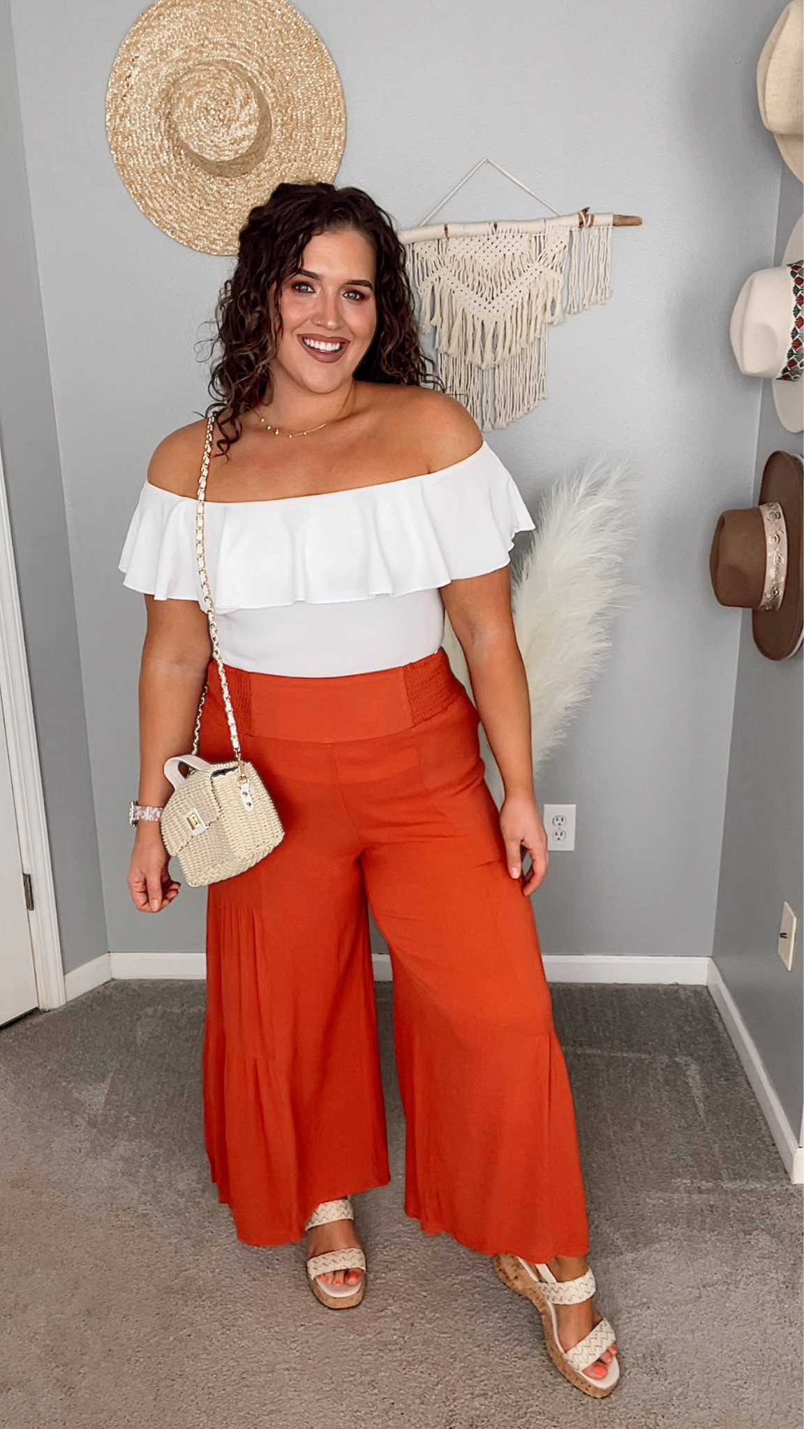 Midsize beach vacation Amazon outfit inspo 🏝️🍹🌊 
Off the shoulder top, flowy pants, wedges, vacation style, summer style, wide leg pants 
Off the shoulder top: XL 
Pants: XL 
#midsizeoutfits #beachstyle #vacationoutfits #beachvacation #offtheshoulder #strawbag #handbag #widelegpants #heels #boho #wedges

#LTKcurves #LTKstyletip #LTKSeasonal