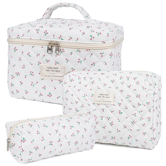 Makeup Bag, Quilted Makeup Bag,Large Floral Cosmetic Bag for Women,Cotton Makeup Bag Set,Flower T... | Amazon (US)