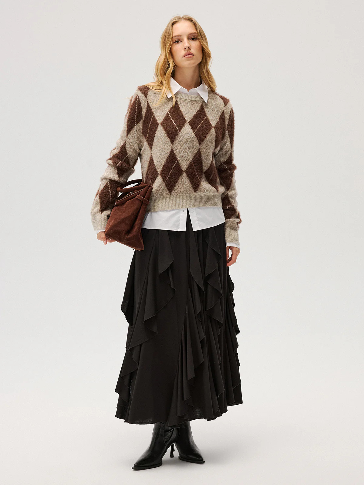 Argyle Pattern Wool Blend Fuzzy Sweater | Commense