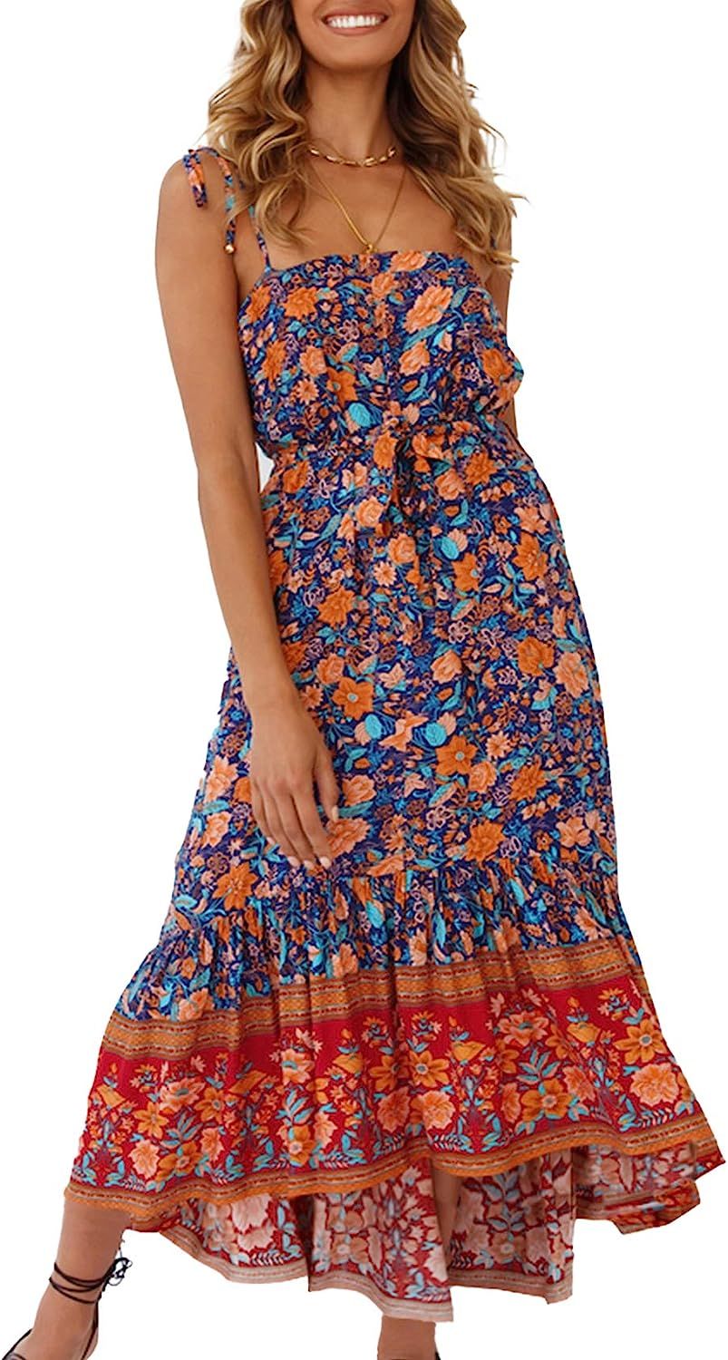 SHIBEVER Women’s Sundress Summer Boho Floral Sun Dresses Spaghetti Strap Drawstring Maxi Dress ... | Amazon (US)