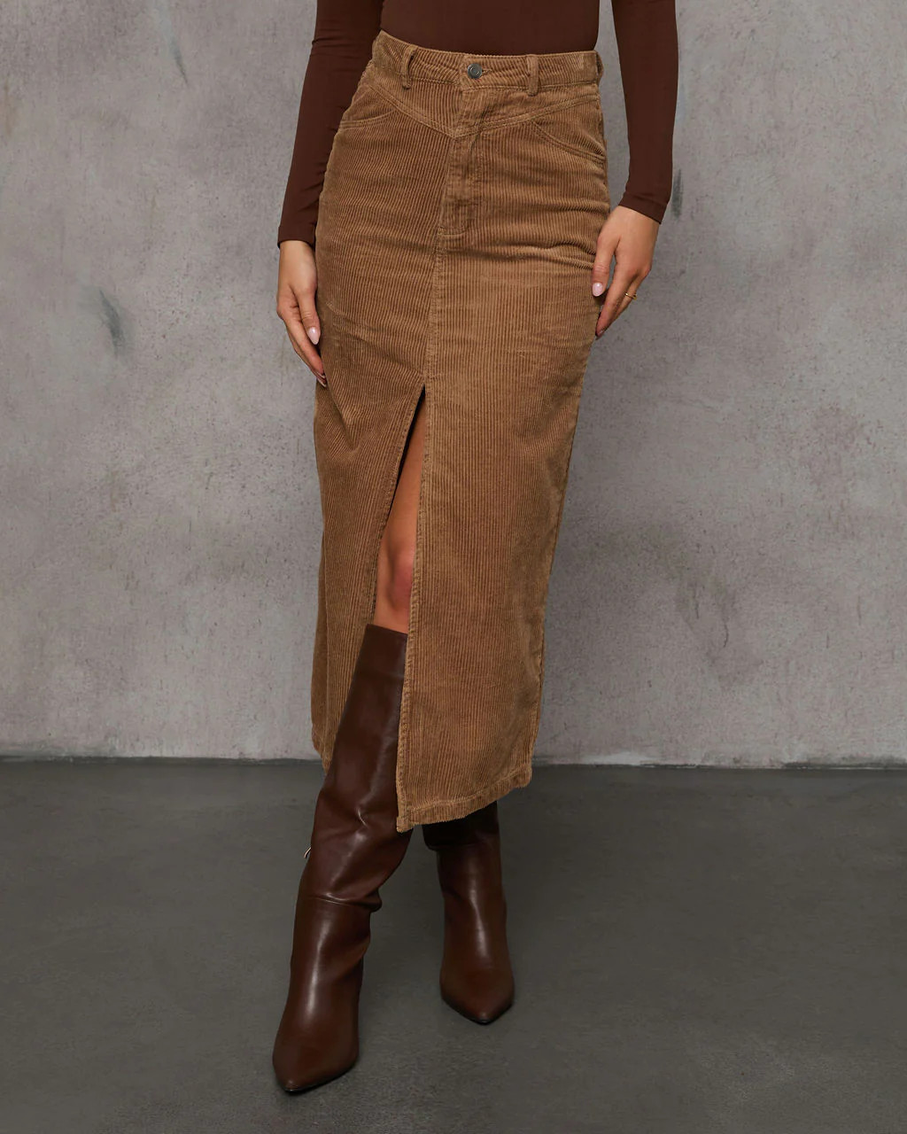 Maddie Slit Corduroy Midi Skirt | VICI