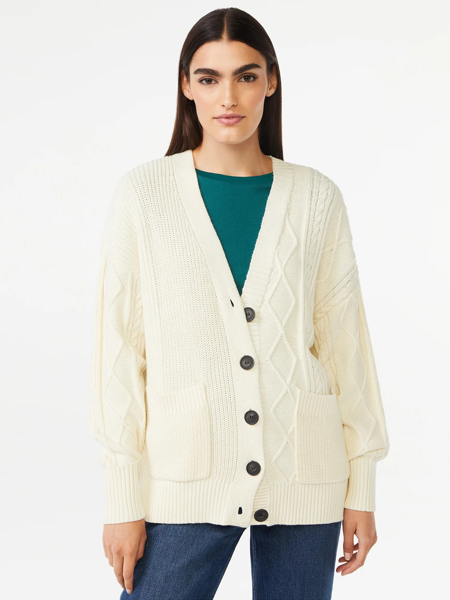 Free Assembly Women's Mix Stitch V-Neck Cardigan Sweater | Walmart (US)