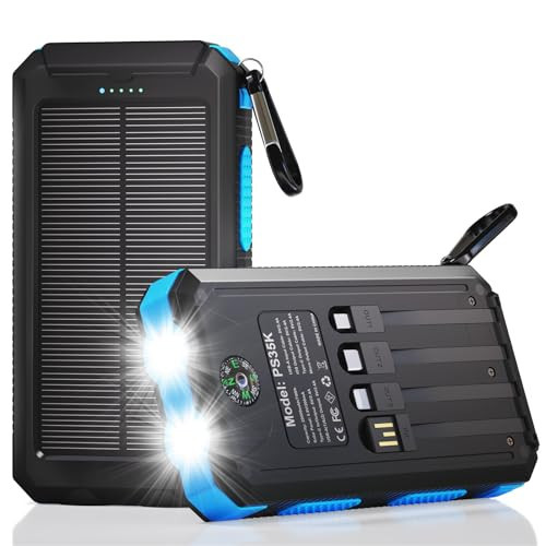 Durecopow Solar Charger Power Bank 20,000mAh, Portable Charger, 4 Cables 3 Ports Fast Charging External Battery Pack with USB C for Cell Phones, Solar Panel Charger with Dual Flashlight for Camping | Amazon (US)