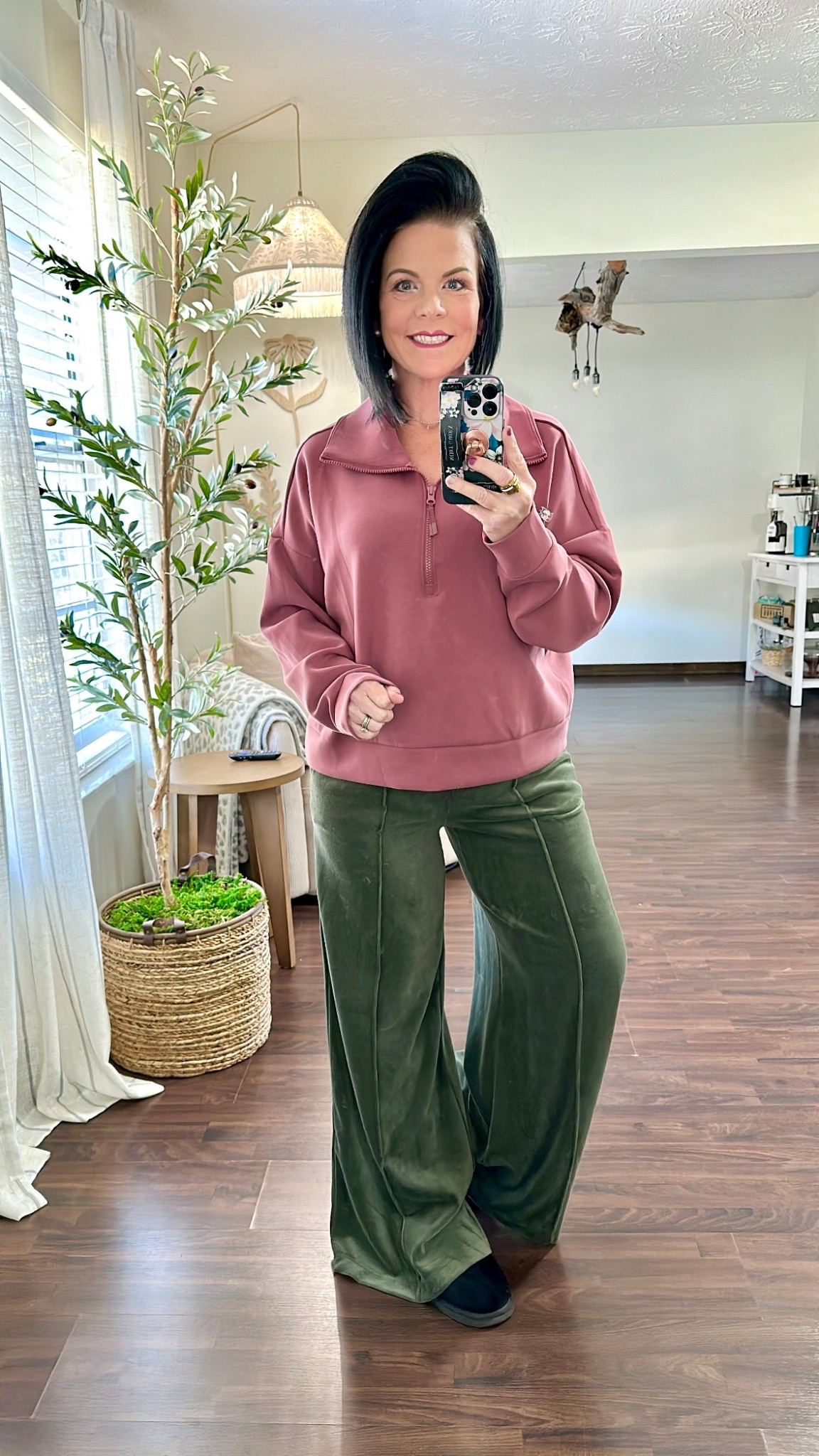Avia Women's and Women's Plus ScubaKnit Quarter Zip Pullover
I sized up 2 sizes for an oversized fit 
Size Large 

Scoop Women’s Velour Wide Leg Pants
Size small TTS 
very long in the length so I’m wearing a thick sole shoe 

Women's Kaya Genuine Suede Clog Slippers - Auden

#LTKootd #LTKFindsUnder50 #LTKOver40