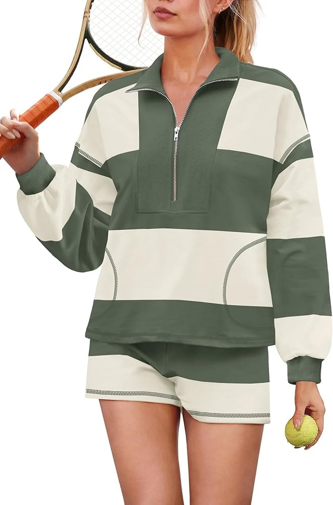 Yanekop Womens Striped Sweatsuits 2 Piece Set Oversized Two Piece Tracksuit Matching Sweat Sets F... | Amazon (US)