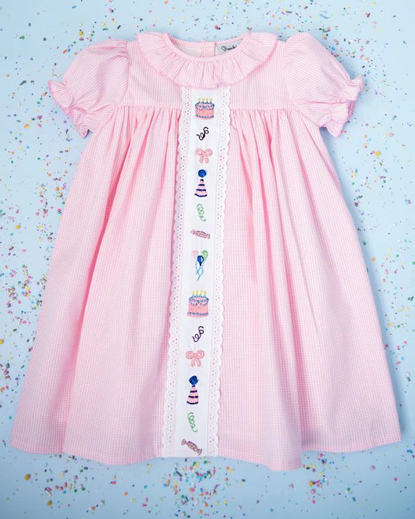 Party Time Hand Embroidered Pink Gingham Dress | Smockingbird Kids