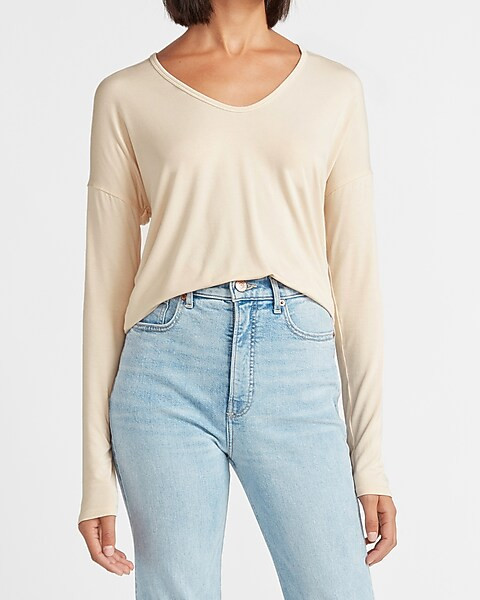 Relaxed Soft V-Neck Metallic Trim Tee | Express