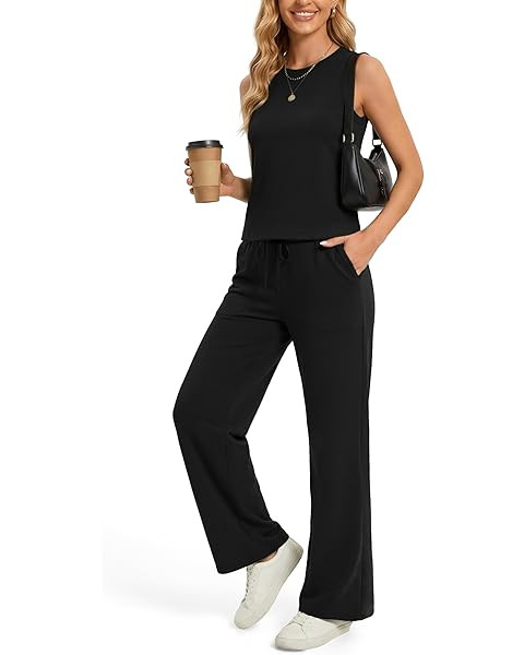 GRECERELLE Two Piece Sets for Women Sleeveless Crop Top Wide Leg Pants Sweat Set for Women Tracks... | Amazon (US)