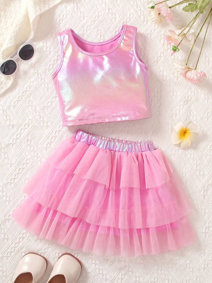Elladie kids Young Girl Fashionable And Cute Pink Ombre Top And Gauze Skirt Set | SHEIN