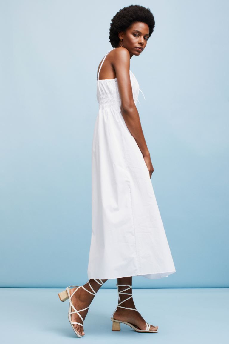 Sleeveless maxi dress in woven cotton fabric. Adjustable, extra-narrow shoulder straps, drawstrin... | H&M (US + CA)