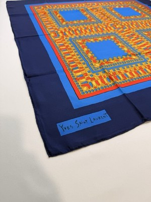 Yves Saint Laurent Silk Scarf Blue Gold Geometric Vintage Design 33x34 | eBay US
