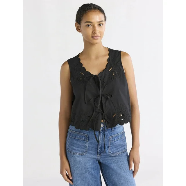 Free Assembly Women's and Women's Plus Cropped Tie Front Embroidered Cotton Top, Sizes XS-4X | Walmart (US)