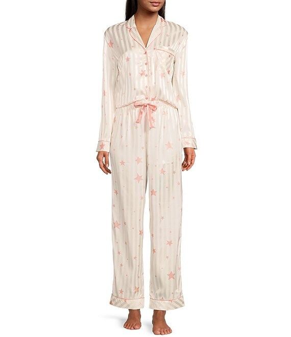 Pink Star Print Luxe Satin Long Cuff Sleeve Notch Lapel Pajama Set | Dillard's