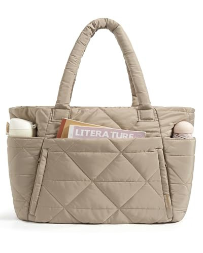 BAGSMART Tote Bag for Women, Puffy Tote Bag with Zipper, Large Quilted Shoulder Bag with Compartments for Travel, Work, Gym (Grayish Brown) | Amazon (US)