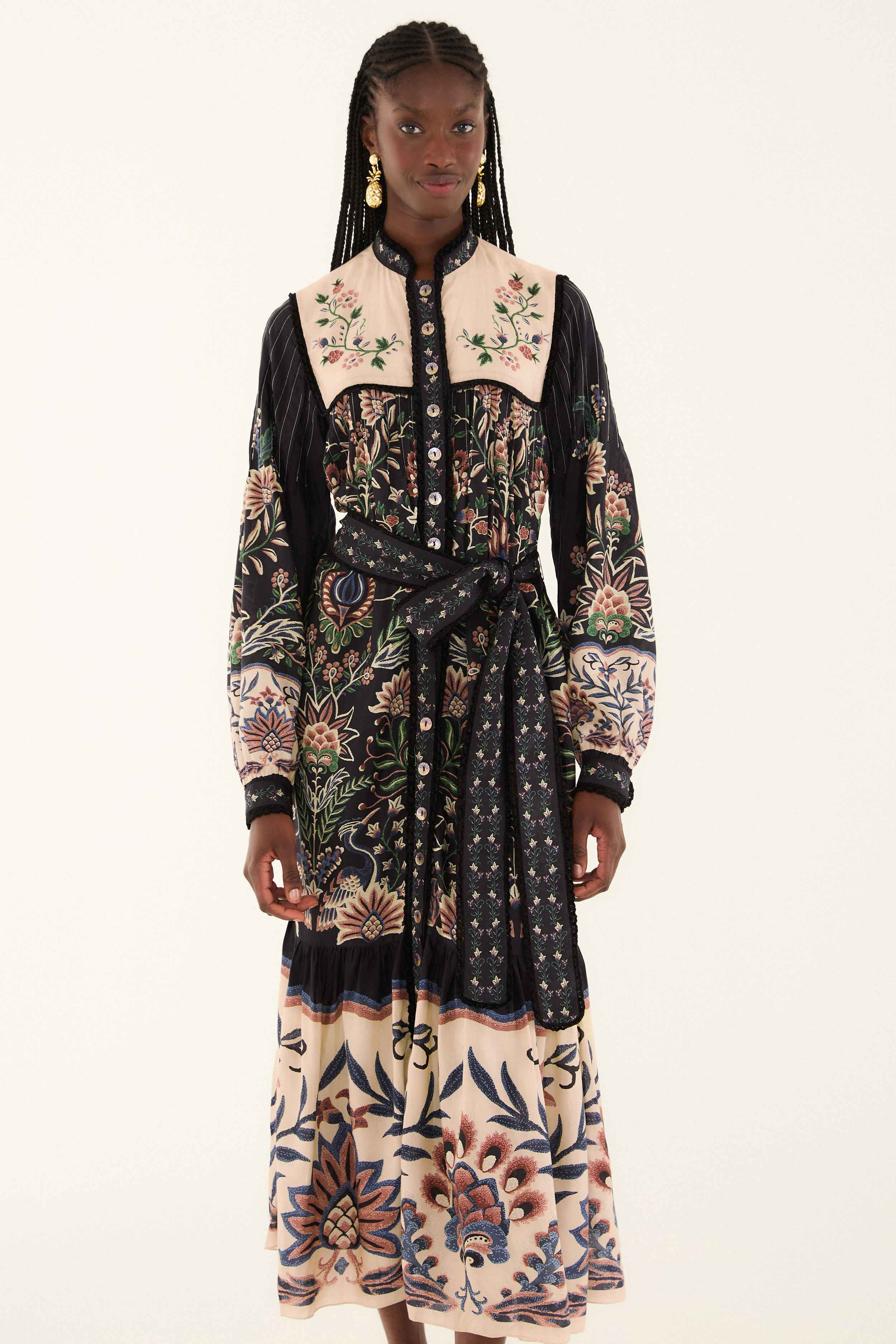 Black Marvelous Garden Long Sleeve Maxi Dress | FARM Rio | FarmRio (US)