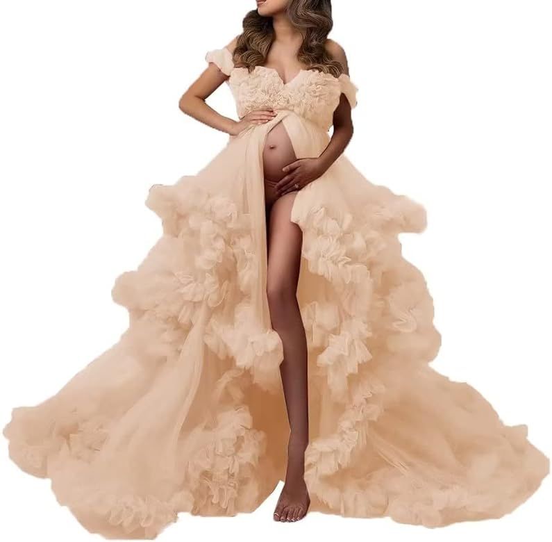 Maternity Dress for Photoshoot Puffy Ruffles Bridal Lingerie Bathgown Off Shoulder Tulle Pregnancy R | Amazon (US)