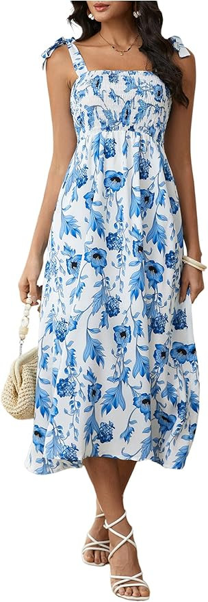 MakeMeChic Women's Summer Floral Dresses 2025 Beach Vacation Casual Blue and White Long Maxi Sund... | Amazon (US)