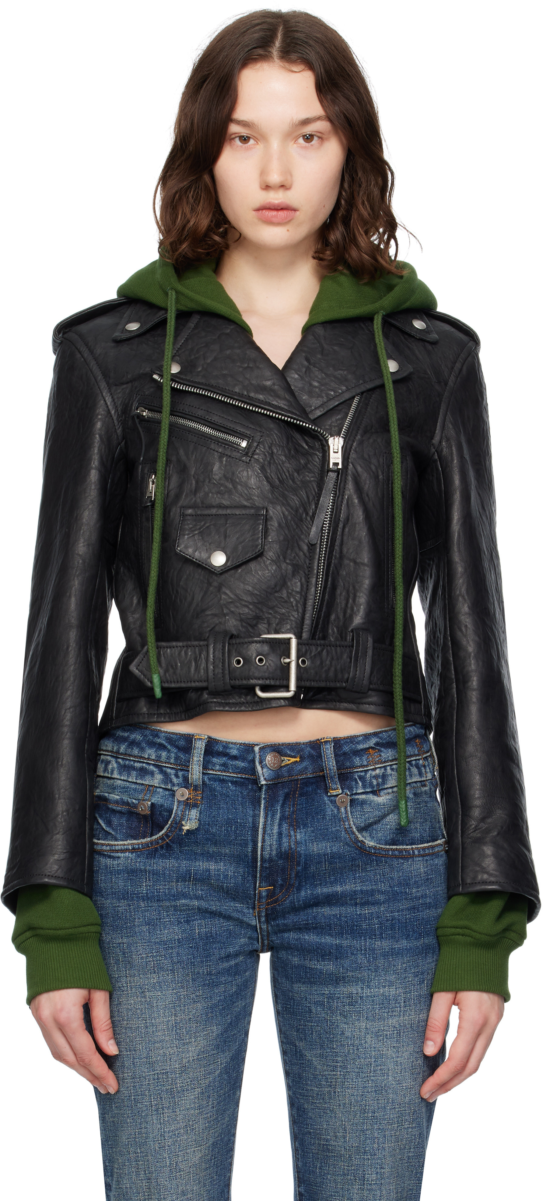Acne Studios Black & Green Layered Leather Jacket | SSENSE