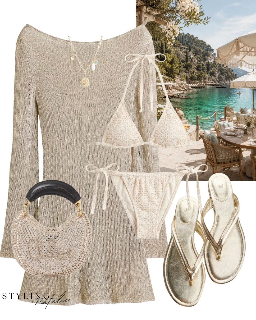 Shimmer beach dress ✨🏝️
Cream string bikini, hood metallic shimmer cover up beach dress, gold thong sandals, Chloe bag, seashell necklace. 
🏷️ Ibiza outfit, beach club look, swimwear, two piece, H&M, 4th & reckless, summer style, holiday outfits, resort wear, summer styling, euro summer, holiday wardrobe, swimwear styling, cover ups, poolside glamour

#LTKsummer #LTKdresses #LTKswimwear