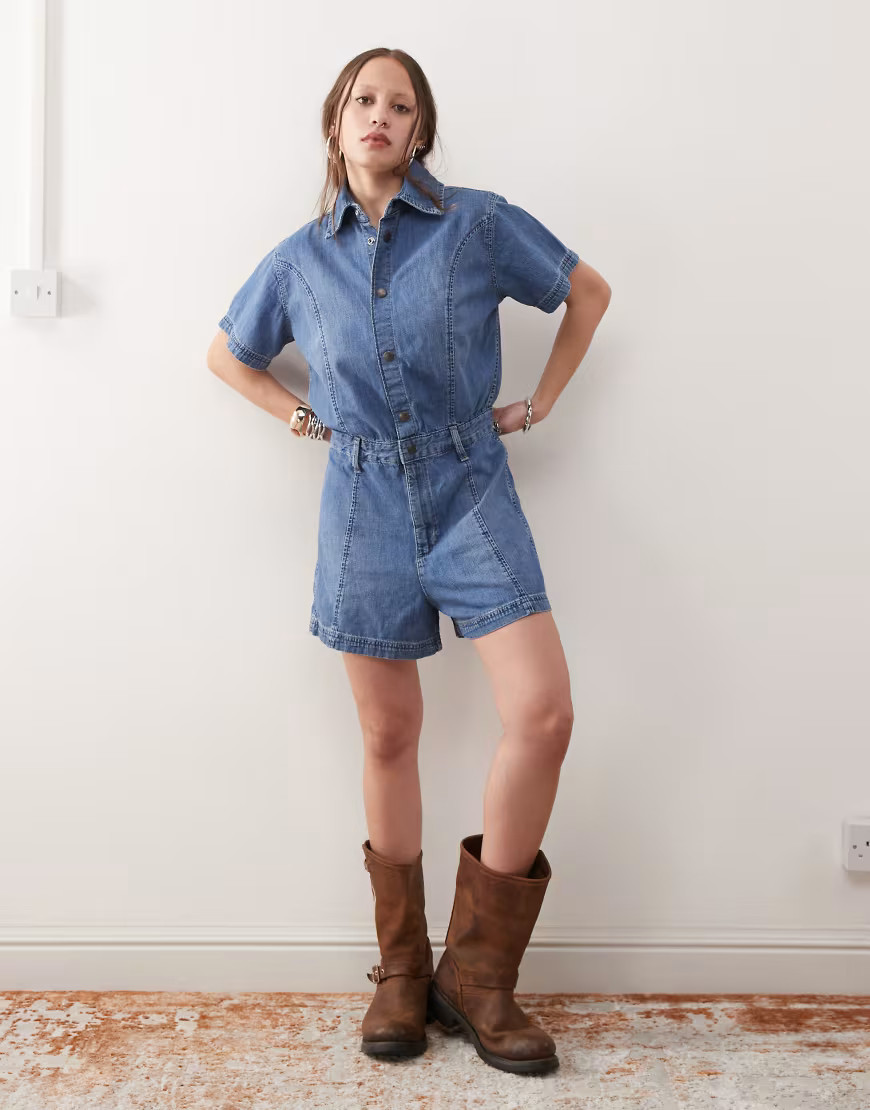 Wrangler denim romper in mid blue | ASOS (Global)