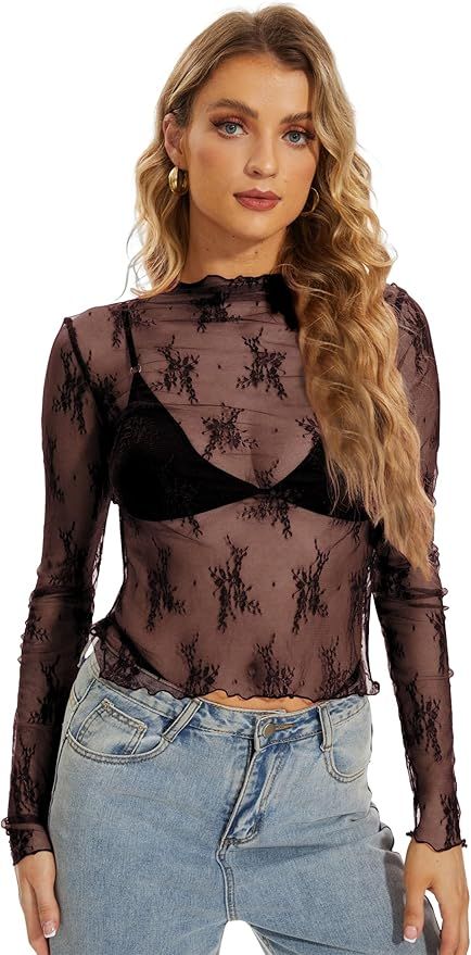 MISSACTIVER Women Sexy Floral Lace Embroidery See Through Long Sleeve T-Shirt Sheer Mesh Mock Ne... | Amazon (US)