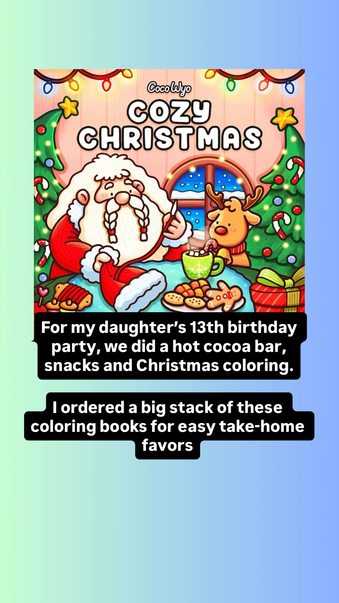 For Ani’s 13th birthday we did a hot cocoa bar and snacks with Christmas coloring.
I bought a big stack of these Christmas coloring books and then everyone could take them home as a favor). After that, they’ll do the hot tub!
I also linked our favorite markers to use while coloring.

#LTKHoliday #LTKKids #LTKSeasonal