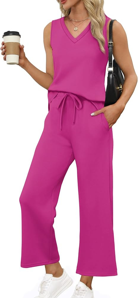 XIEERDUO Two Piece Sets for Women Summer Vacation Travel Outfits V Neck Lounge Matching Sets | Amazon (US)