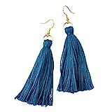 Teal Blue Long Tassel Earrings on Gold-Plated Ear Wires 3 Inches | Amazon (US)