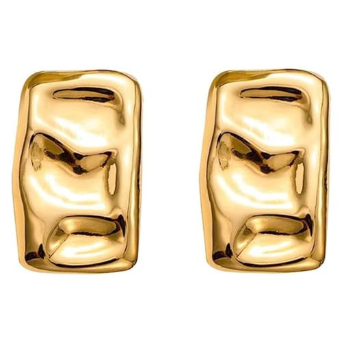 Rectangle Chunky Gold Earrings for Women, Minimalist Irregular Statement Dainty Trendy Square Stud Earrings Thick Wrinkle Geometric Earrings Teen Girls Jewelry Gifts (Gold) | Amazon (US)
