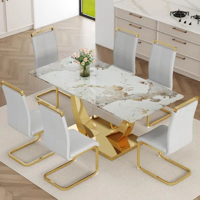 71'' Modern Dining Table And Chairs Set, Tempered Glass Top With Gold Metal Base, PU Leather Chairs, Luxury Dining Room Set | Wayfair North America
