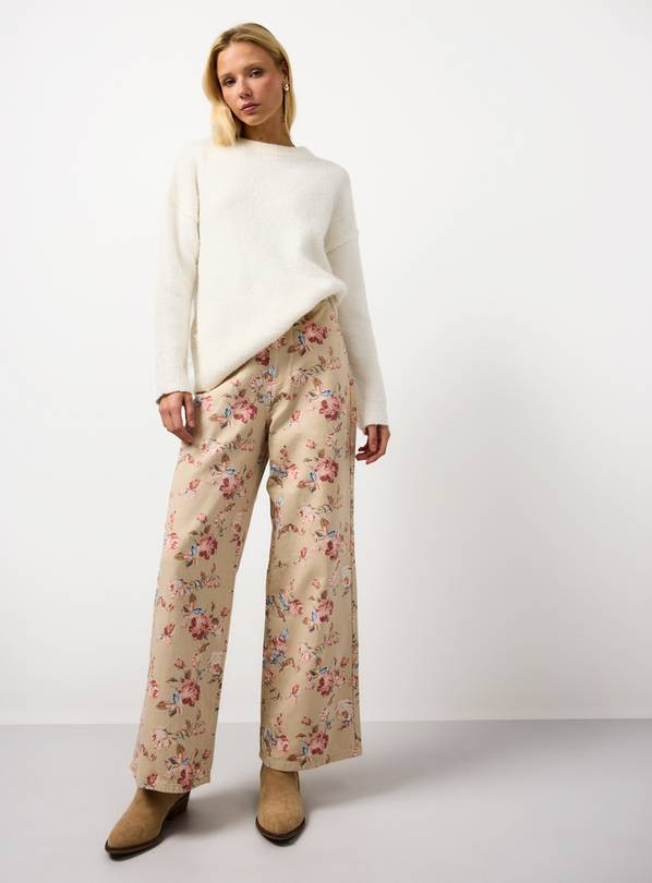 Cream Floral Printed Wide Leg Co-ord Denim Jeans 10R | Tu Clothing