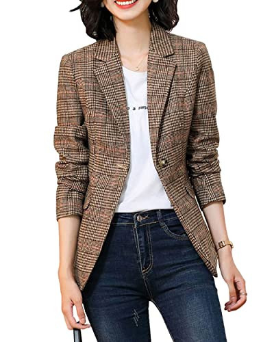 ebossy Women's Notch Lapel 2 Button Boyfriend Blazer Suit Houndstooth Plaid Jacket Coat (Small, X-Brown) | Amazon (US)