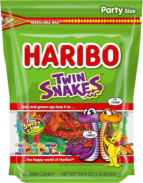 HARIBO Gummi Candy, Twin Snakes Sweet & Sour Gummy Candy, 28.8 Ounce Resealable Party Size Stand ... | Amazon (US)