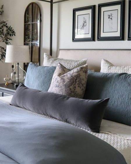 King bed accent pillows including this darling toile pillow cover from Amazon — quality is beautiful! This is the 12x46 Slate velvet lumbar pillow, and a fantastic price! My favorite brand pillow insert is linked (comes in multiple sizes to fit!).

#LTKFindsUnder50 #LTKStyleTip #LTKHome