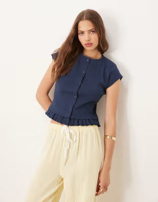 ASOS DESIGN mini rib button through short sleeve top with frill detail in navy | ASOS (Global)