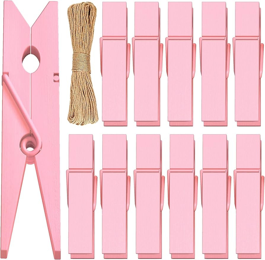 Clothes Pins Mini Clothespins Pink - 100 PCS Wooden Small Clothespins for Pictures with Jute Twin... | Amazon (US)