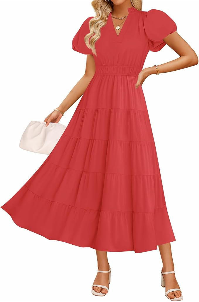 ZESICA Women's Summer Casual Maxi Dress 2026 Puff Short Sleeve V Neck Ruffle Tiered Flowy Boho Be... | Amazon (US)