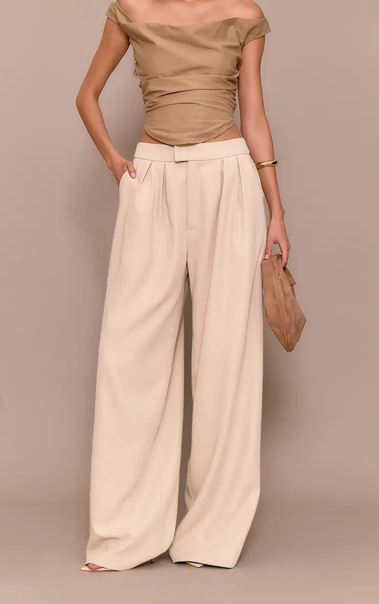 Premium Sand Tailored Pleated Lined Wide Leg Trousers | PrettyLittleThing UK