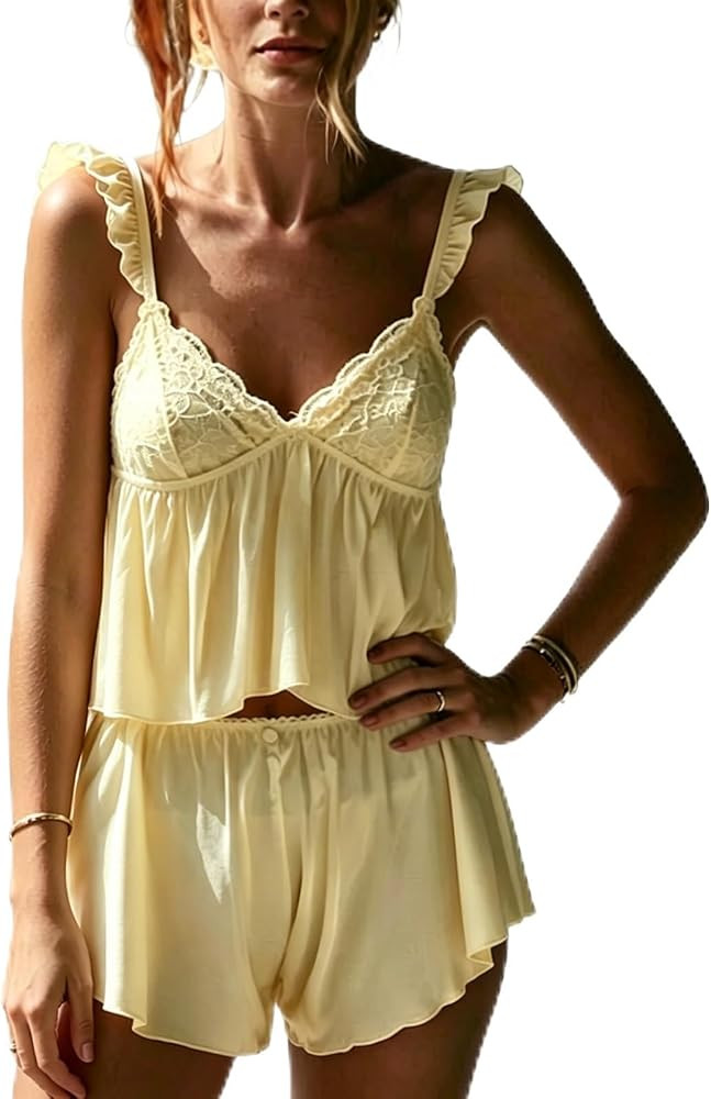 RUEWEY Women Satin Pajamas Set Lace Floral Flying Sleeve V Neck Cami Top Ruffle Shorts Lounge Set... | Amazon (US)