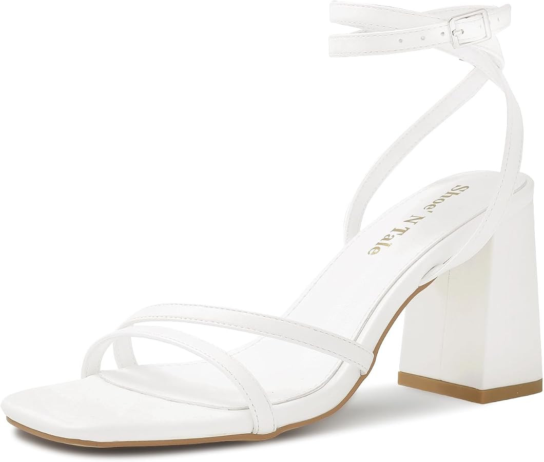 Shoe'N Tale Strappy Heels for Women Square Toe Chunky Block Heels Square Toe Ankle Strap Sandals | Amazon (US)