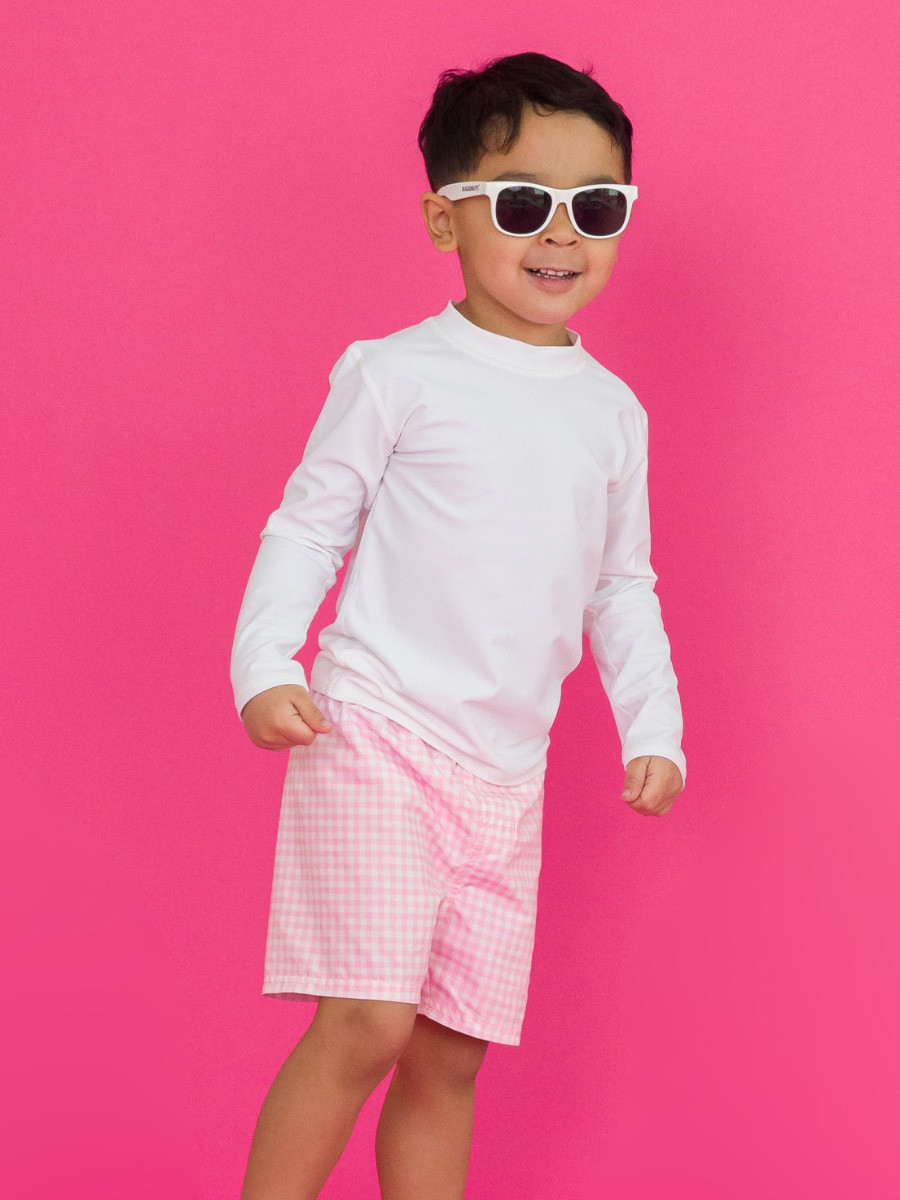 Boys Pink Gingham swim shorts | RuffleButts / RuggedButts