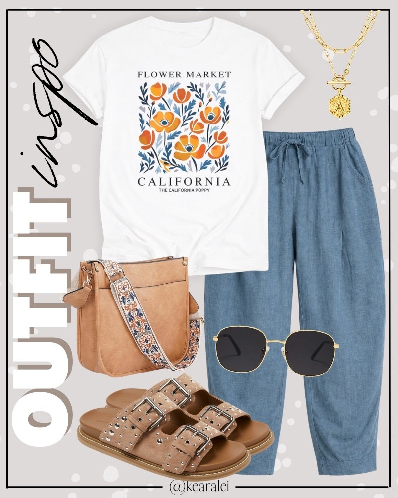 Spring outfits 2026 summer outfit cool mom outfit casual outfits Free People inspired outfit looks for less Amazon fashion affordable outfits oversized graphic tees t-shirt poppies flowers tshirt shirt y2k top with blue linen wide leg harem barrel flowy boho pants elastic waist drawstring barrel leg linen pants tan brown suede leather Birkenstocks look for less strappy buckle sandals slides target shoes boho outfit casual mom outfit momiform mom style midsize outfit tan leather crossbody purse with embroidered strap chunky gold jewelry layered necklaces retro aviator sunglasses || #freepeople #boho #amazon #walmart #target #spring #summerr 
.
.
deals sales sale alert Amazon fashion, teacher outfits, business casual, casual outfits, neutrals, street style, Midi skirt, Maxi Dress, Swimsuit, Bikini, Travel, skinny Jeans, Puffer Jackets, Concert Outfits, Cocktail Dresses, Sweater dress, Sweaters, cardigans Fleece Pullovers, hoodies, button-downs, Oversized Sweatshirts, Jeans, High Waisted Leggings, dresses, joggers, fall Fashion, winter fashion, leather jacket, Sherpa jackets, Deals, shacket, Plaid Shirt Jackets, apple watch bands, lounge set, Date Night Outfits, Vacation outfits, Mom jeans, shorts, sunglasses, Disney outfits, Romper, jumpsuit, Airport outfits, biker shorts, Weekender bag, plus size fashion, Stanley cup tumbler, boots booties tall over the knee, ankle boots, Chelsea boots, combat boots, pointed toe, chunky sole, heel, high heels, mules, clogs, sneakers, slip on shoes, Nike, adidas, vans, dr. marten’s, ugg slippers, golden goose, sandals, loafers, Birkenstocks, Steve Madden Target, Abercrombie and fitch


#LTKSaleAlert #LTKootd #LTKSeasonal