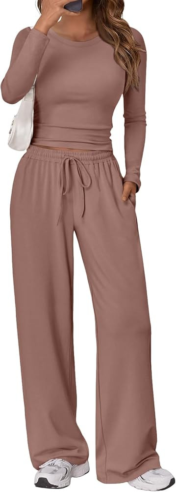 Trendy Queen Women's 2 Piece Matching Lounge Set Long Sleeve Slightly Crop Top Wide Leg Pants Cas... | Amazon (US)
