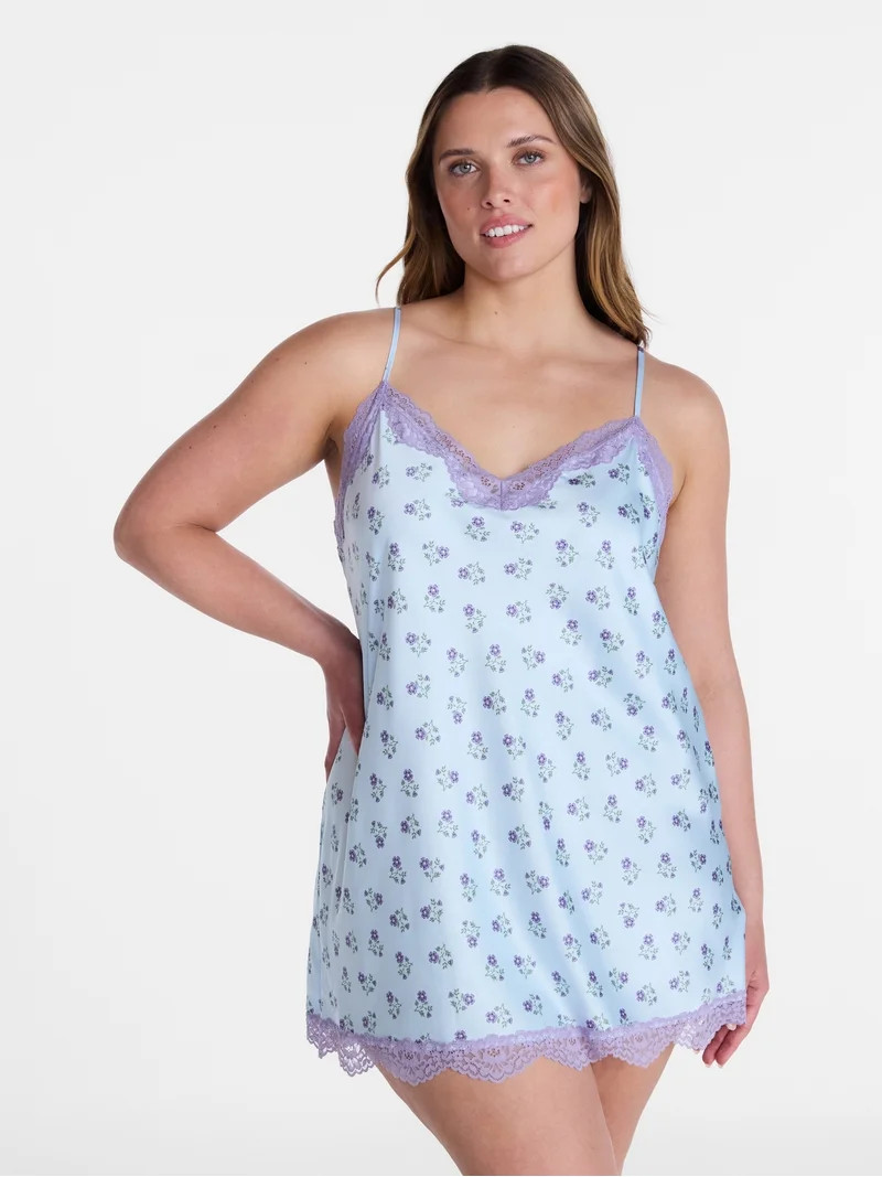 Joyspun Women's Lace Trim Stretch Satin Chemise, Sizes S-3X | Walmart (US)
