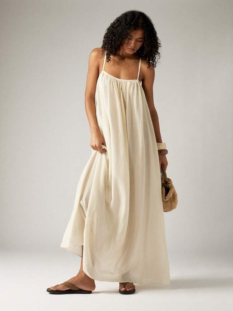 AiiRZ Backless Summer Maxi Dress Spaghetti Strap Trapeze Flowy Long Sundress Adjustable Cross Back Beach Vacation Resort Wear Casual Daily Dress | SHEIN