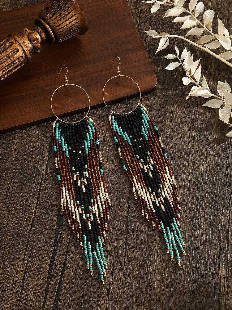 Handmade Beaded Earrings, Bohemian Style Earrings, Vintage Round Circle Black Brown Green Color Tassel Drop Earrings, Women Fashion Earrings, Spring Summer New, Everyday Vacation Versatile, Holiday Thanksgiving Mother's Day Valentine's Day Friend Gift | SHEIN