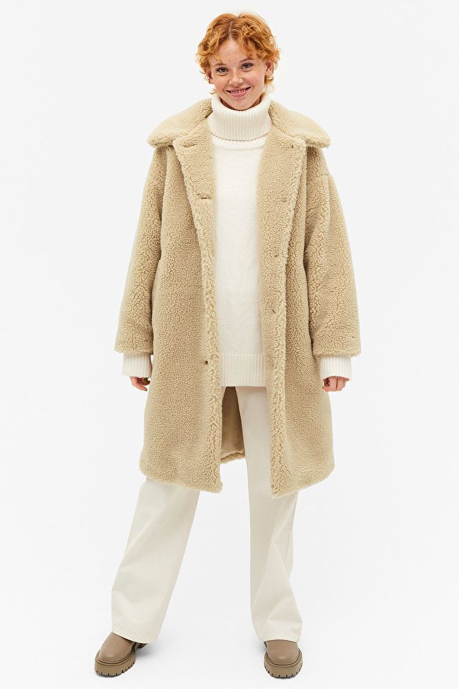 Long beige teddy coat | Monki