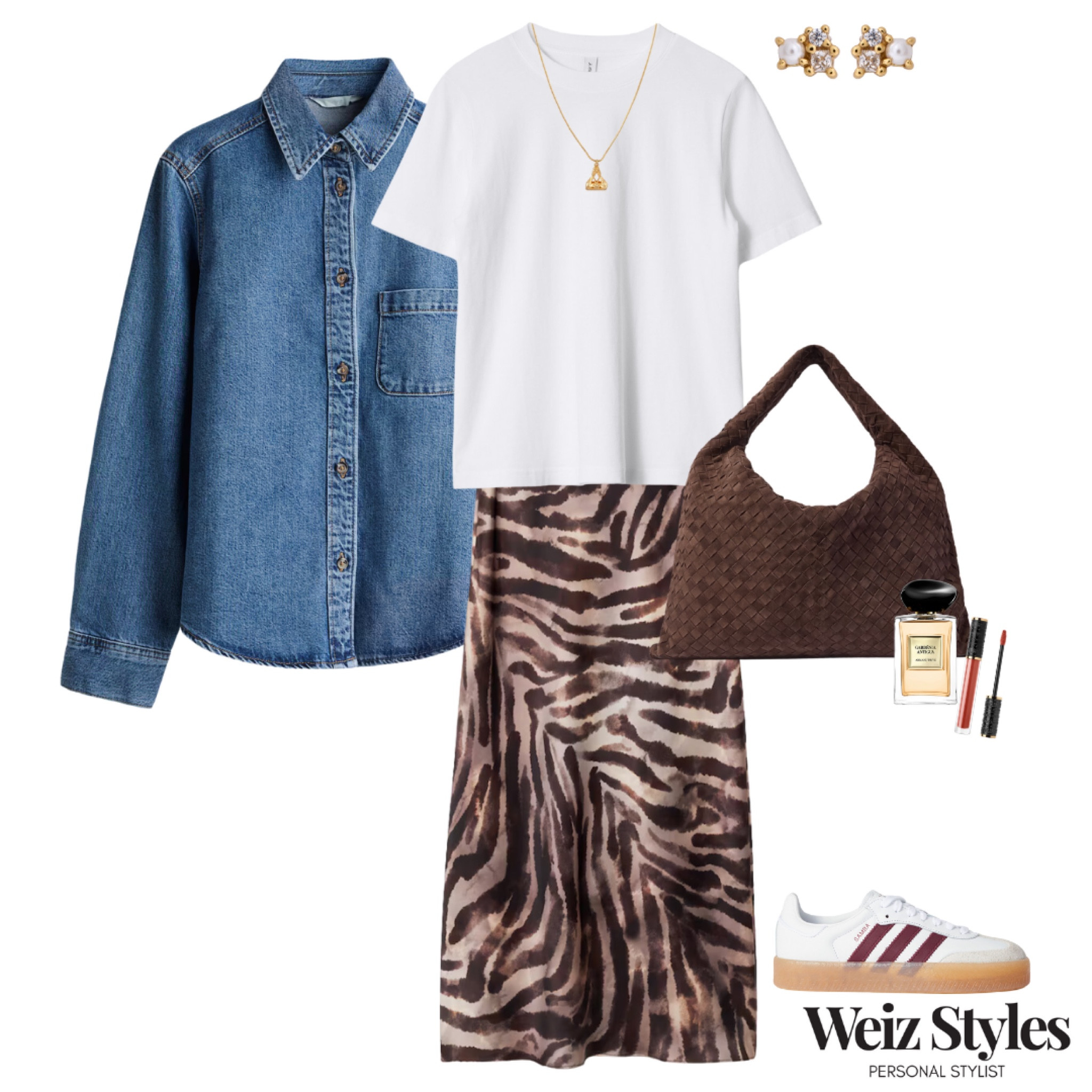 A super cool casual outfit to help you feel elevated and stylish day to day 💖 I love the contrast of the smart skirt paired with the denim shirt and trainers ✨

Head to www.weizstyles.com to find out how I can help you on your style journey 💃🏻

Louise x

Personal stylist, styling, ootd, neutral aesthetic, London, Weiz styles, shopping, outfit of the day, uk, confident, handbag, bag, perfume, fragrance, lipstick, lip, elevate your style, feel good, flat lay, shopping, high street, designer, ltk, animal print, satin skirt, midi skirt, casual, chic, effortless, every day, weekend outfit, womenswear, trendy, trend, cool, elevated, trainers, adidas, smart cas, denim shirt, H&M, mango, white tee, T-shirt, gold necklace, earrings, gem, brown bag, suede, designer, lipgloss, lippy, pink, Saturday, Sunday, 2025, feminine,  down, blue, white, street, London, styling, fragrance, studs 

#LTKstyletip #LTKuk #LTKwinter