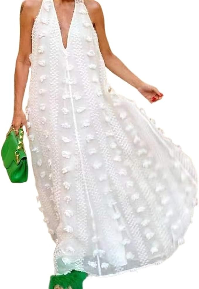 RAVENT Robe sans Manches Licou Femmes col en V Dos Nu Plage Longue Robe à Lacets Floral Vacances... | Amazon (FR)